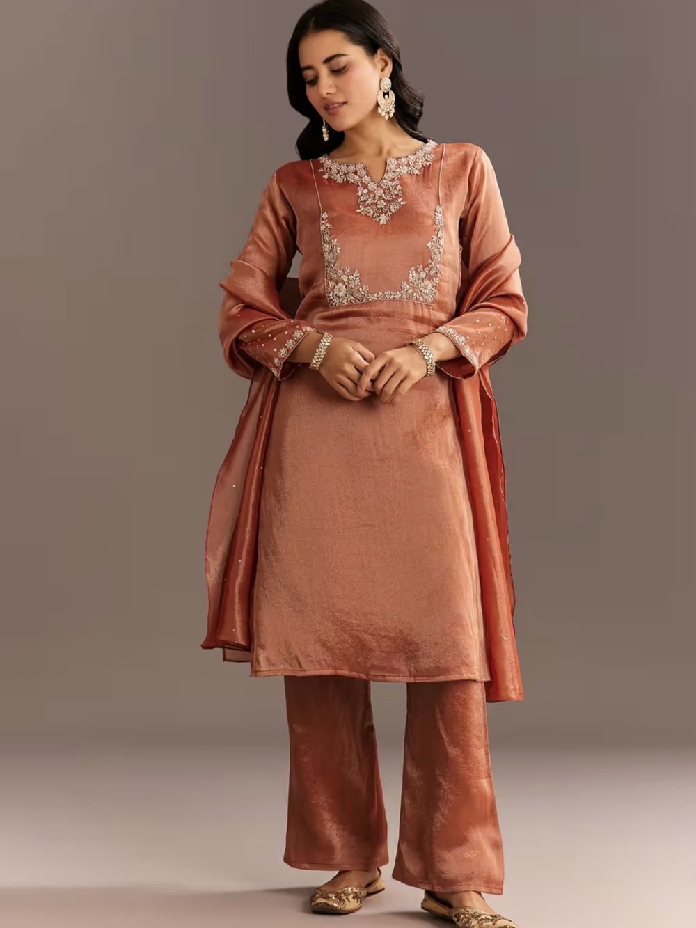 Dark Peach Organza Tissue Kurta Pant With Embroidered Dupatta